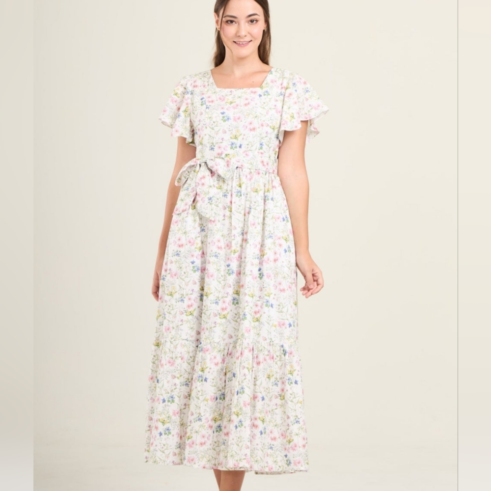 Princess Cotton Linen Maxi Dress with Nursing Zippers and Pockets
